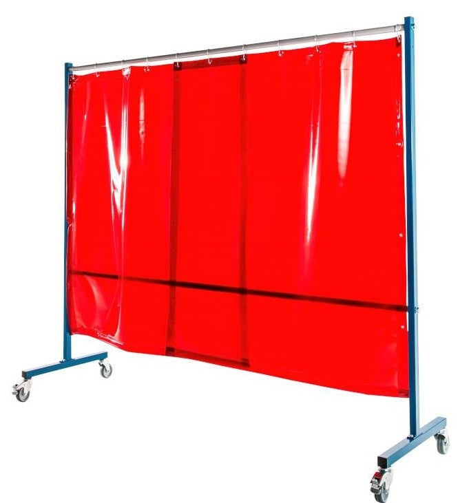 Ecran mobile d'atelier 1 VOLET avec 2 rideaux suspendus épaisseur 0,4 mm - Orange - DIN EN ISO 25980- hauteur 1950 mm x largeur 2100 mm -Monté sur 4 roulettes Ø 100 mm  dont 2 avec frein - [la pièce]