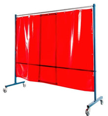 Ecran mobile d'atelier 1 VOLET avec 2 rideaux suspendus épaisseur 0,4 mm - Orange - DIN EN ISO 25980- hauteur 1950 mm x largeur 2100 mm -Monté sur 4 roulettes Ø 100 mm  dont 2 avec frein - [la pièce]