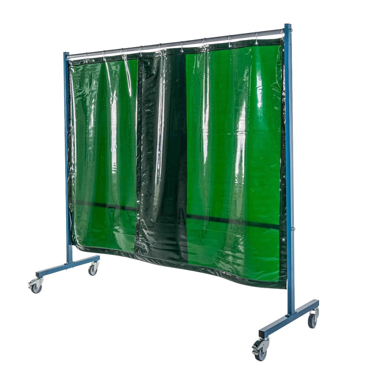 Ecran mobile d'atelier 1 VOLET avec 2 rideaux suspendus épaisseur 0,4 mm - Vert Teinte 6 - DIN EN ISO 25980- hauteur 1950 mm x largeur 2100 mm -Monté sur 4 roulettes Ø 100 mm  dont 2 avec frein - [la pièce]