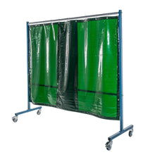 Ecran mobile d'atelier 1 VOLET avec 2 rideaux suspendus épaisseur 0,4 mm - Vert Teinte 6 - DIN EN ISO 25980- hauteur 1950 mm x largeur 2100 mm -Monté sur 4 roulettes Ø 100 mm  dont 2 avec frein - [la pièce]