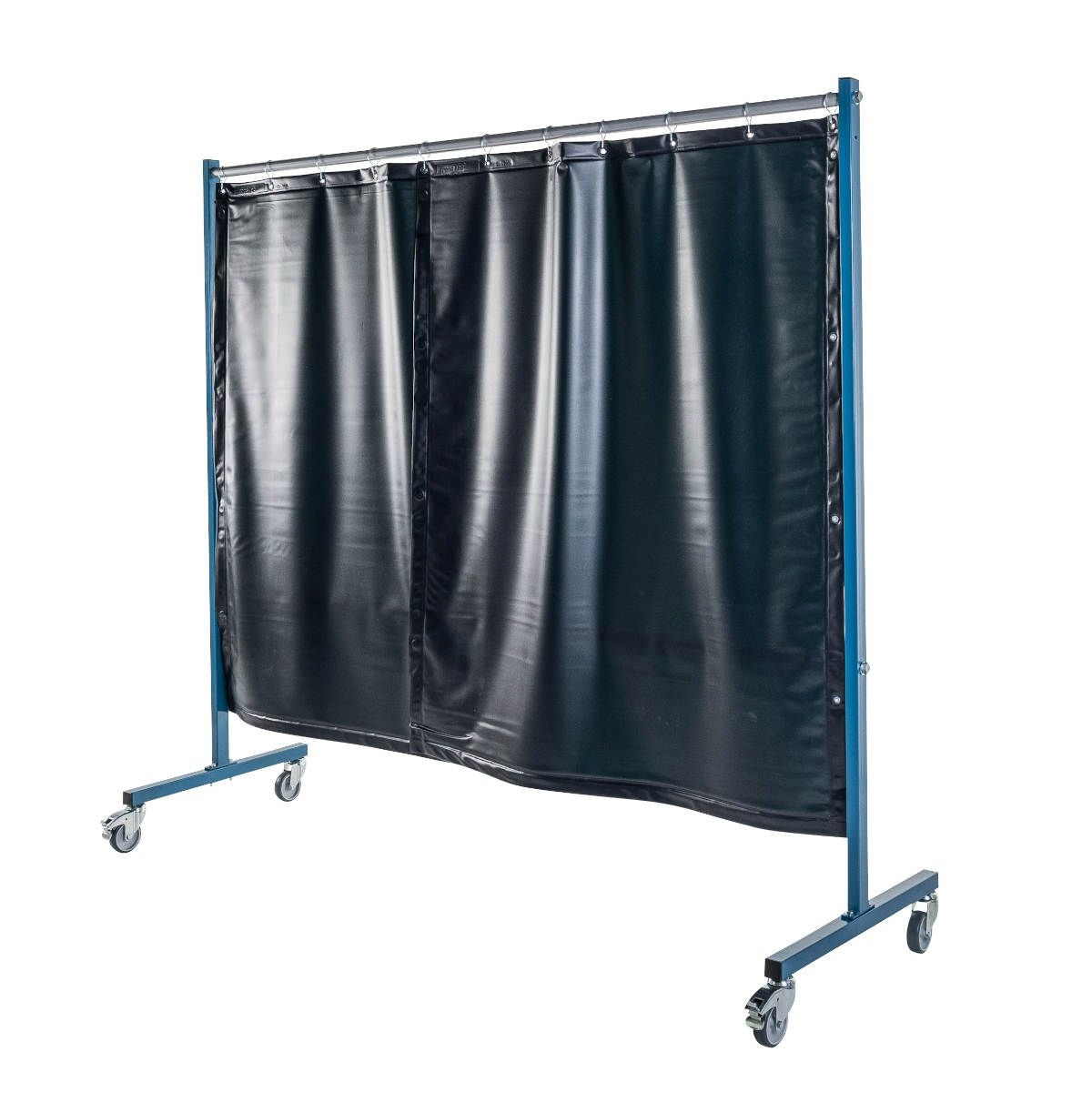 Ecran mobile d'atelier 1 VOLET avec 2 rideaux suspendus épaisseur 0,4 mm - Vert Teinte 9 - DIN EN ISO 25980- hauteur 1950 mm x largeur 2100 mm -Monté sur 4 roulettes Ø 100 mm  dont 2 avec frein - [la pièce]