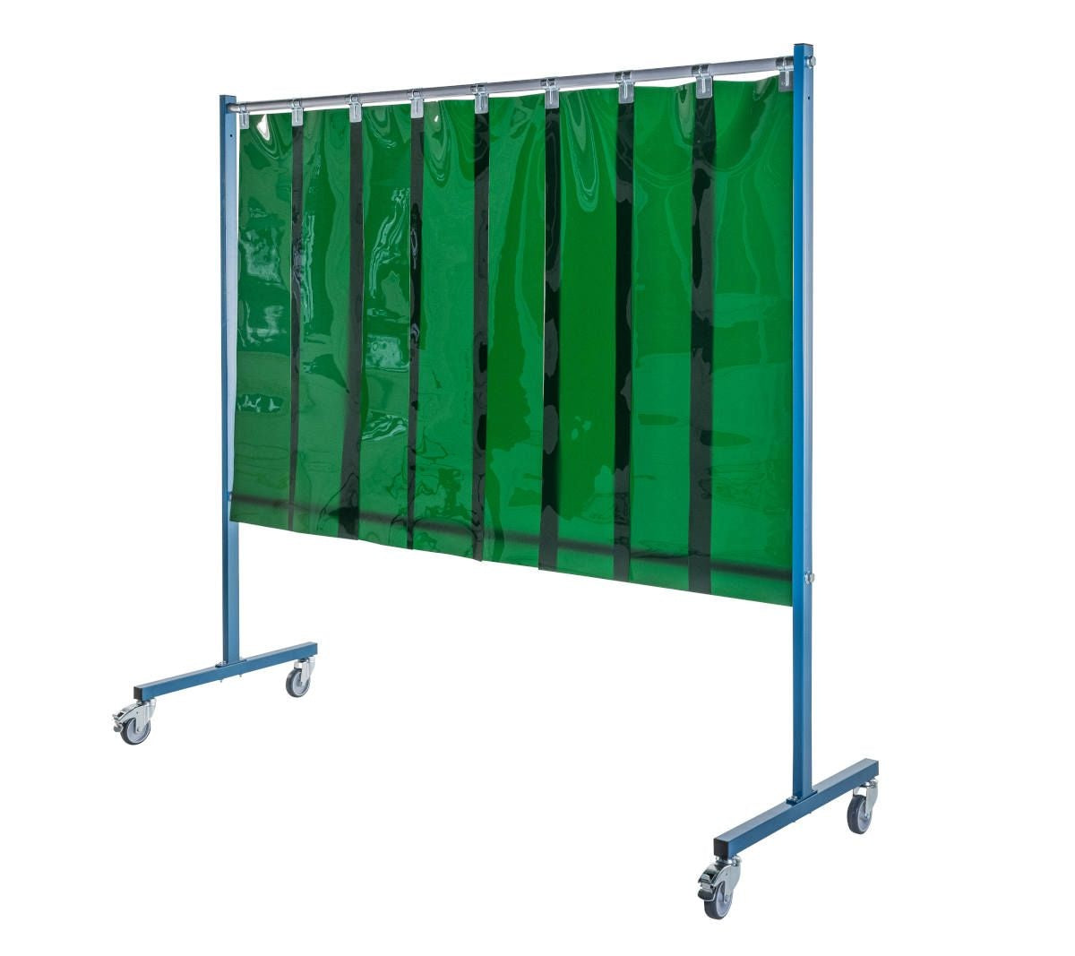 Ecran mobile d'atelier 1 VOLET avec Lanières suspendues 300 x 2 mm - Vert Teinte 6 - DIN EN ISO 25980- hauteur 1950 mm x largeur 2100 mm -Monté sur 4 roulettes Ø 100 mm  dont 2 avec frein - [la pièce]