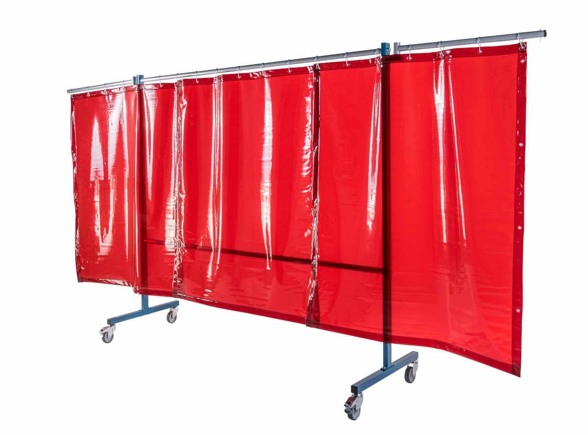 Ecran mobile d'atelier 3 VOLETS avec 3 rideaux suspendus épaisseur 0,4 mm - Orange - DIN EN ISO 25980- hauteur 1950 mm x largeur 3700 mm -Monté sur 4 roulettes Ø 100 mm  dont 2 avec frein - [la pièce]