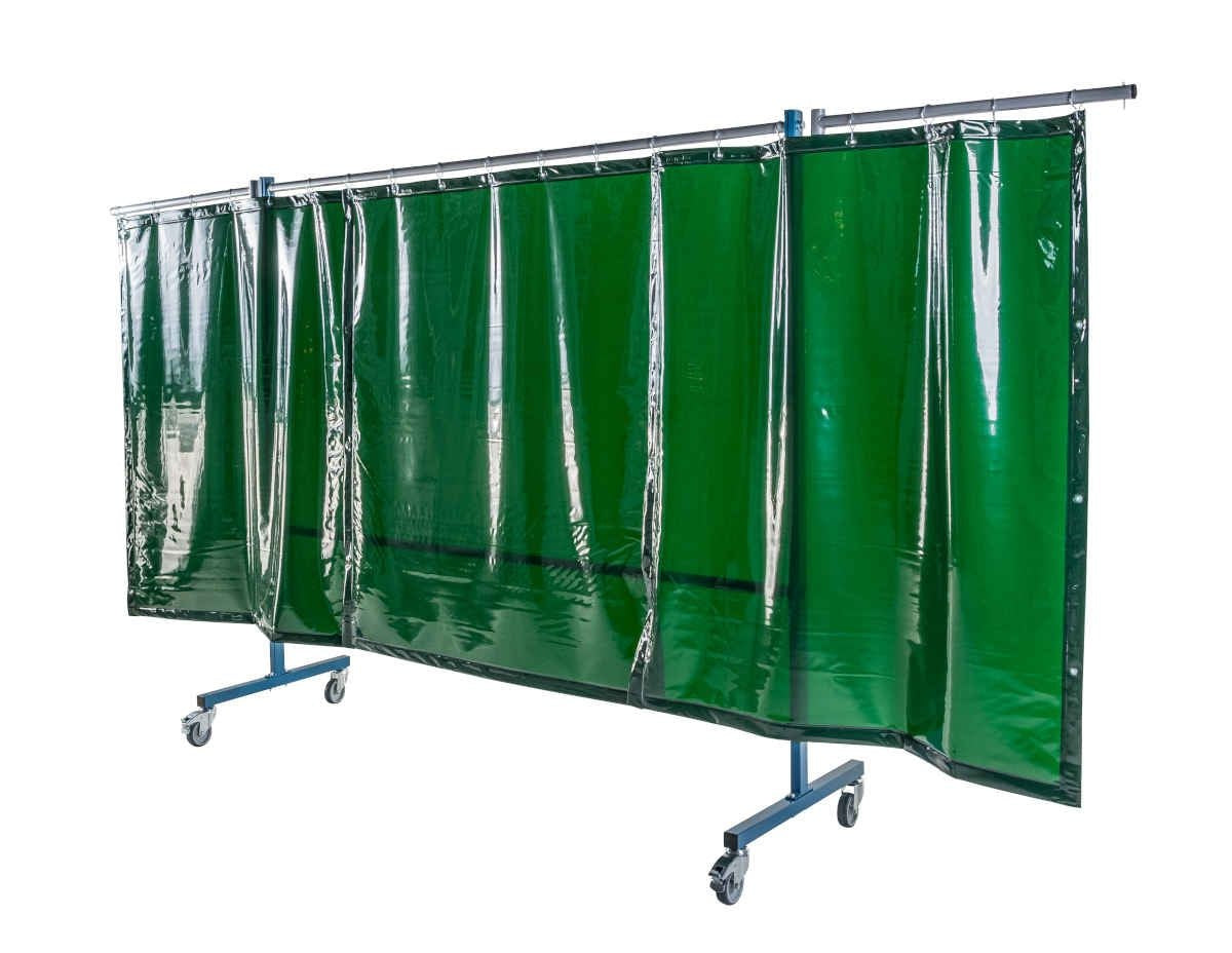 Ecran mobile d'atelier 3 VOLETS avec 3 rideaux suspendus épaisseur 0,4 mm - Vert Teinte 6 - DIN EN ISO 25980- hauteur 1950 mm x largeur 3700 mm -Monté sur 4 roulettes Ø 100 mm  dont 2 avec frein - [la pièce]