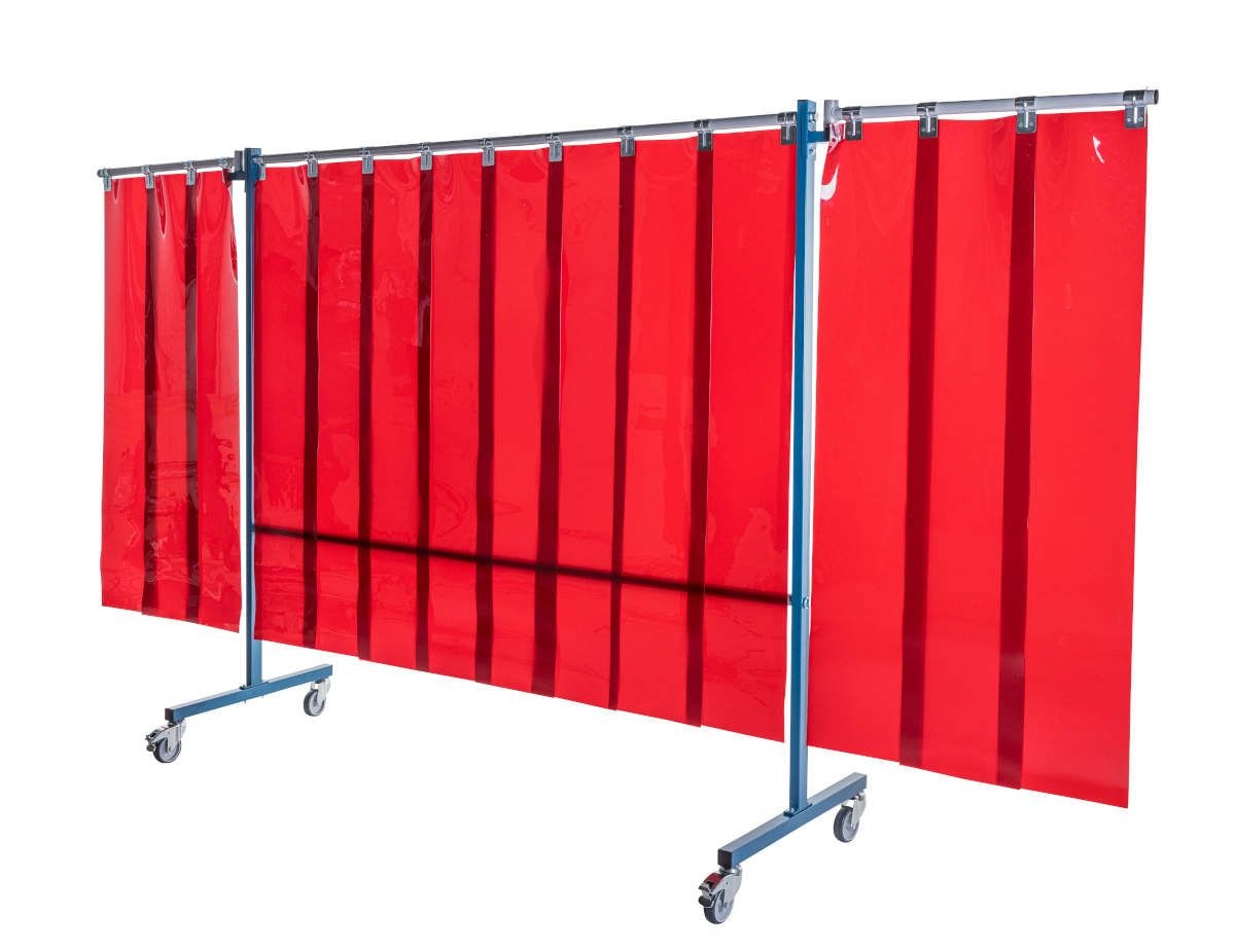 Ecran mobile d'atelier 3 VOLETS avec Lanières suspendues 300 x 2 mm - Orange - DIN EN ISO 25980- hauteur 1950 mm x largeur 3700 mm -Monté sur 4 roulettes Ø 100 mm  dont 2 avec frein - [la pièce]