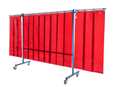 Ecran mobile d'atelier 3 VOLETS avec Lanières suspendues 300 x 2 mm - Orange - DIN EN ISO 25980- hauteur 1950 mm x largeur 3700 mm -Monté sur 4 roulettes Ø 100 mm  dont 2 avec frein - [la pièce]