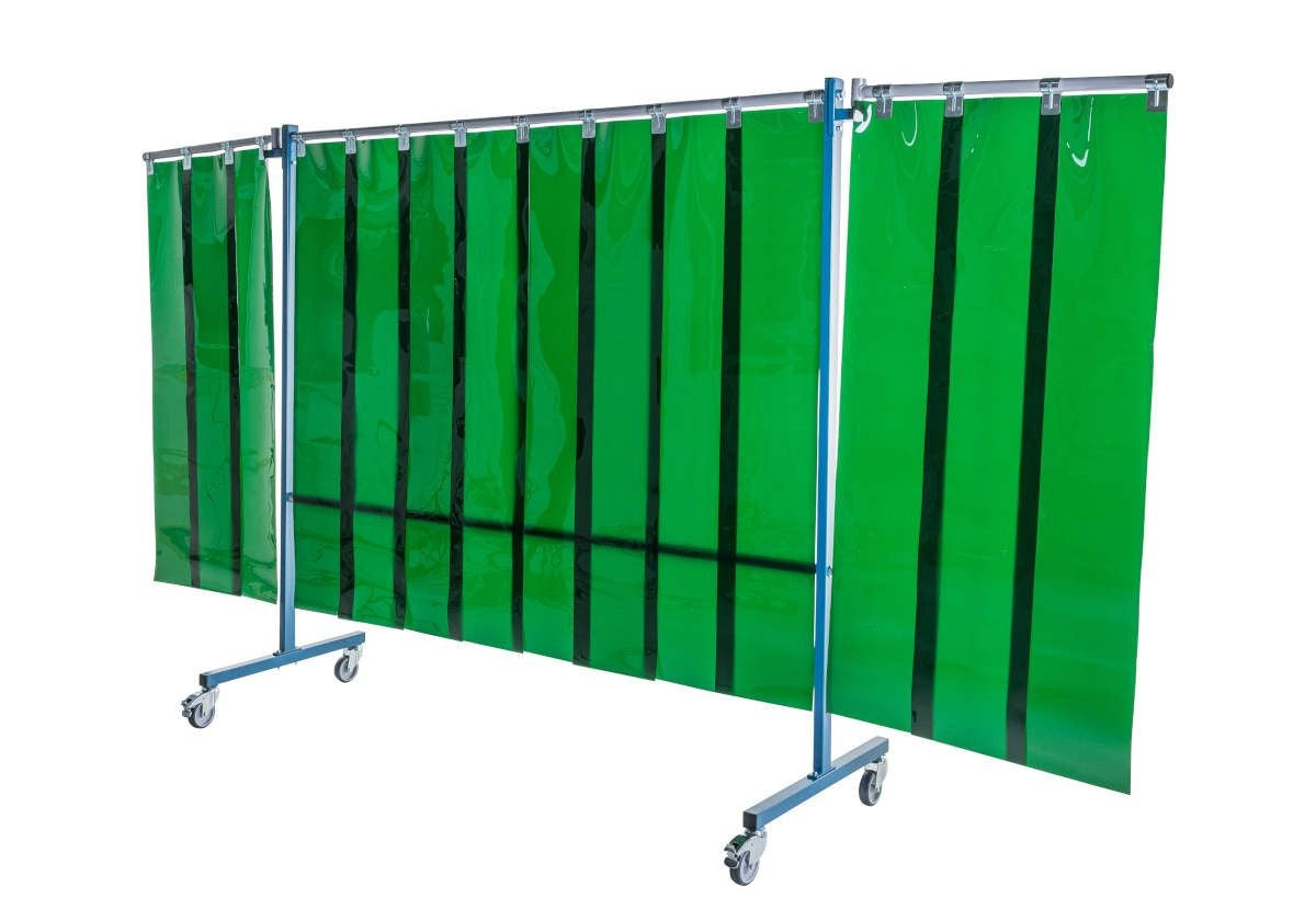 Ecran mobile d'atelier 3 VOLETS avec Lanières suspendues 300 x 2 mm - Vert Teinte 6 - DIN EN ISO 25980- hauteur 1950 mm x largeur 3700 mm -Monté sur 4 roulettes Ø 100 mm  dont 2 avec frein - [la pièce]
