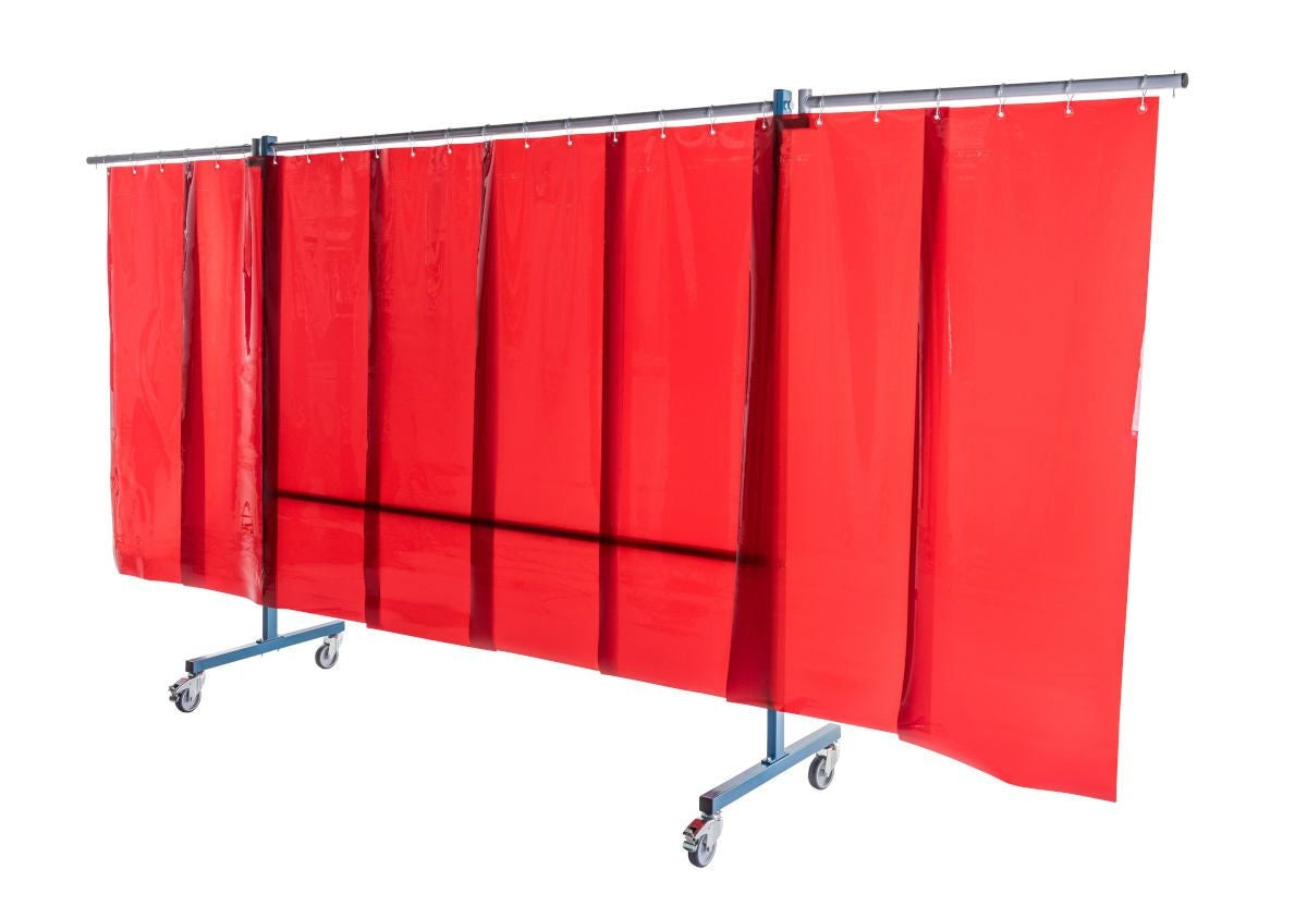Ecran mobile d'atelier 3 VOLETS avec Lanières suspendues épaisseur 1,0 mm - Orange - DIN EN ISO 25980- hauteur 1950 mm x largeur 3700 mm -Monté sur 4 roulettes Ø 100 mm  dont 2 avec frein - [la pièce]