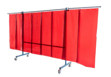 Ecran mobile d'atelier 3 VOLETS avec Lanières suspendues épaisseur 1,0 mm - Orange - DIN EN ISO 25980- hauteur 1950 mm x largeur 3700 mm -Monté sur 4 roulettes Ø 100 mm  dont 2 avec frein - [la pièce]
