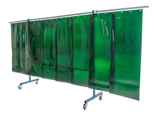 Ecran mobile d'atelier 3 VOLETS avec Lanières suspendues épaisseur 1,0 mm - Vert Teinte 6 - DIN EN ISO 25980- hauteur 1950 mm x largeur 3700 mm -Monté sur 4 roulettes Ø 100 mm  dont 2 avec frein - [la pièce]