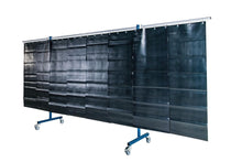 Ecran mobile d'atelier 3 VOLETS avec Lanières suspendues épaisseur 1,0 mm - Vert Teinte 9 - DIN EN ISO 25980- hauteur 1950 mm x largeur 3700 mm -Monté sur 4 roulettes Ø 100 mm  dont 2 avec frein - [la pièce]