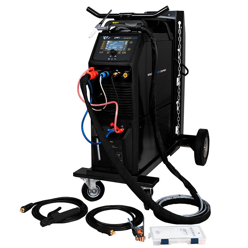 Poste à souder PROTIG 428 AC/DC pulsé - TIG/MMA 400A à 60 % refroidi eau avec torche TIG 4m, Kit Pince de masse 4m, chariot 4 roues et adaptateur 12 pin - alimentation 380V triphasé - [la pièce] - Garantie 2 ans